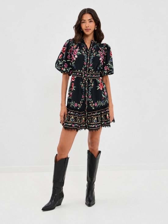 FARM Rio Dresses & Skirts - FARM Rio Black Mini Dress with Pink and Green Floral Embroidery